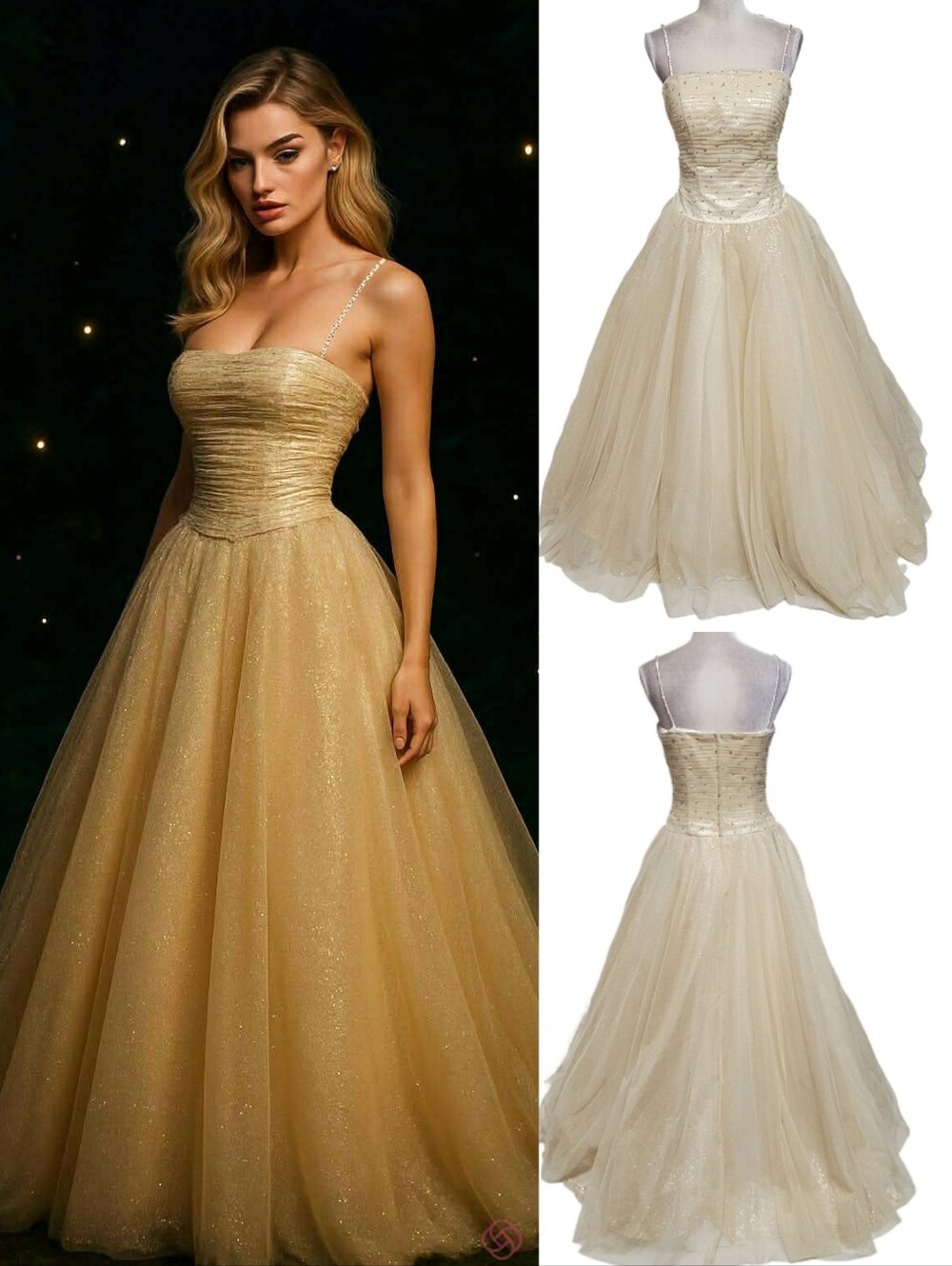Tiffany Designs Vintage Champagne Mesh Ruched Tulle Spaghetti Strap Maxi Dress